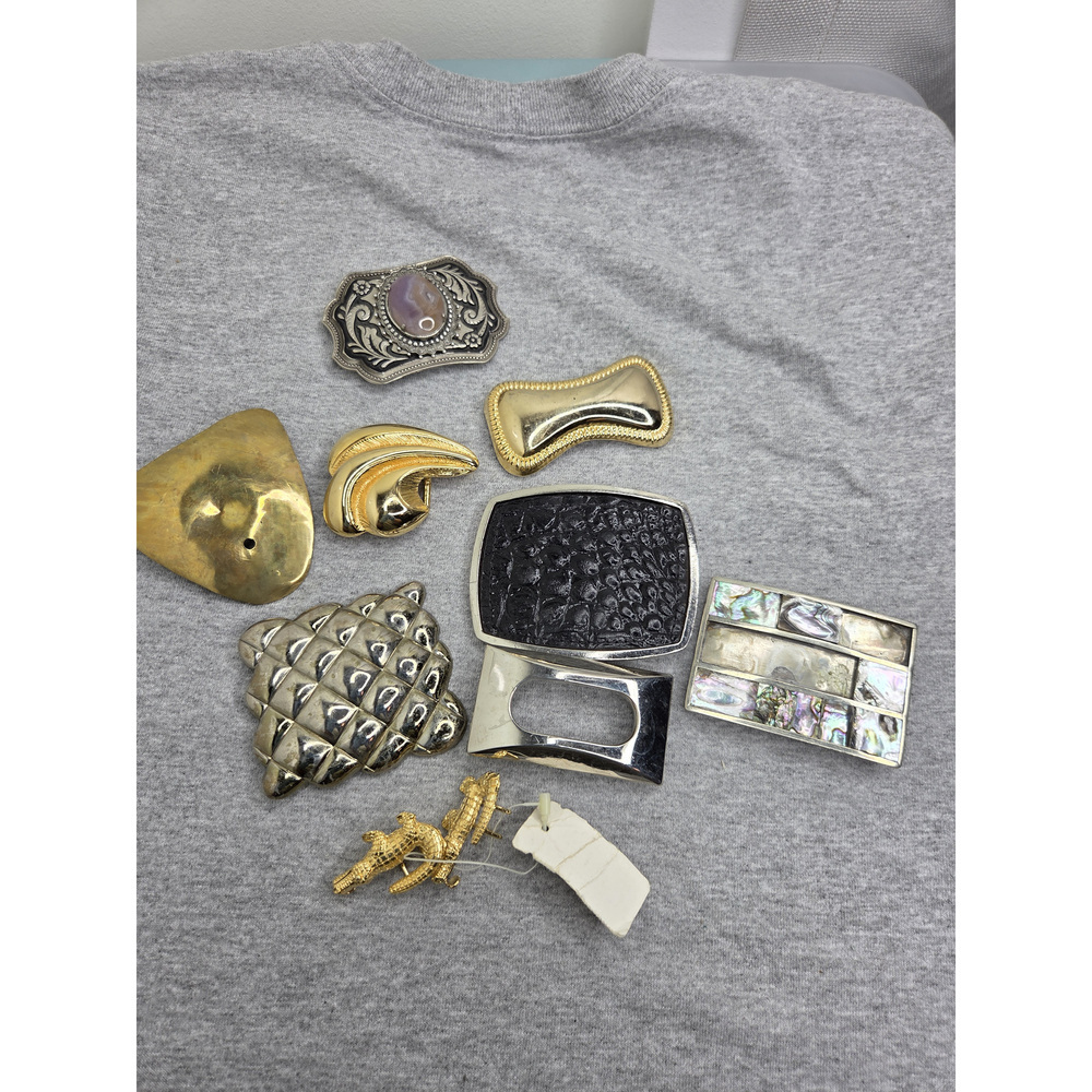 Lot of 9 Women's Abalone Brass Agate Brutalist DIY Belt Buckles